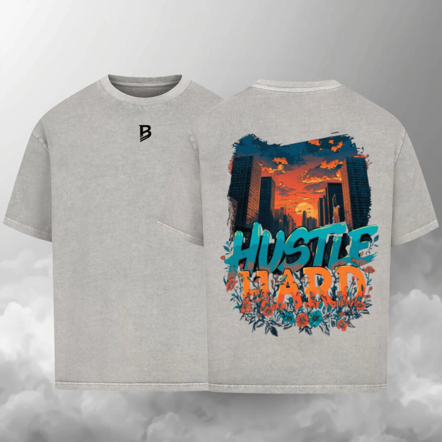 TheBroShop Hustle City Oversize T-Shirt Herren – Verwaschenes Grau – Front- & Rückansicht