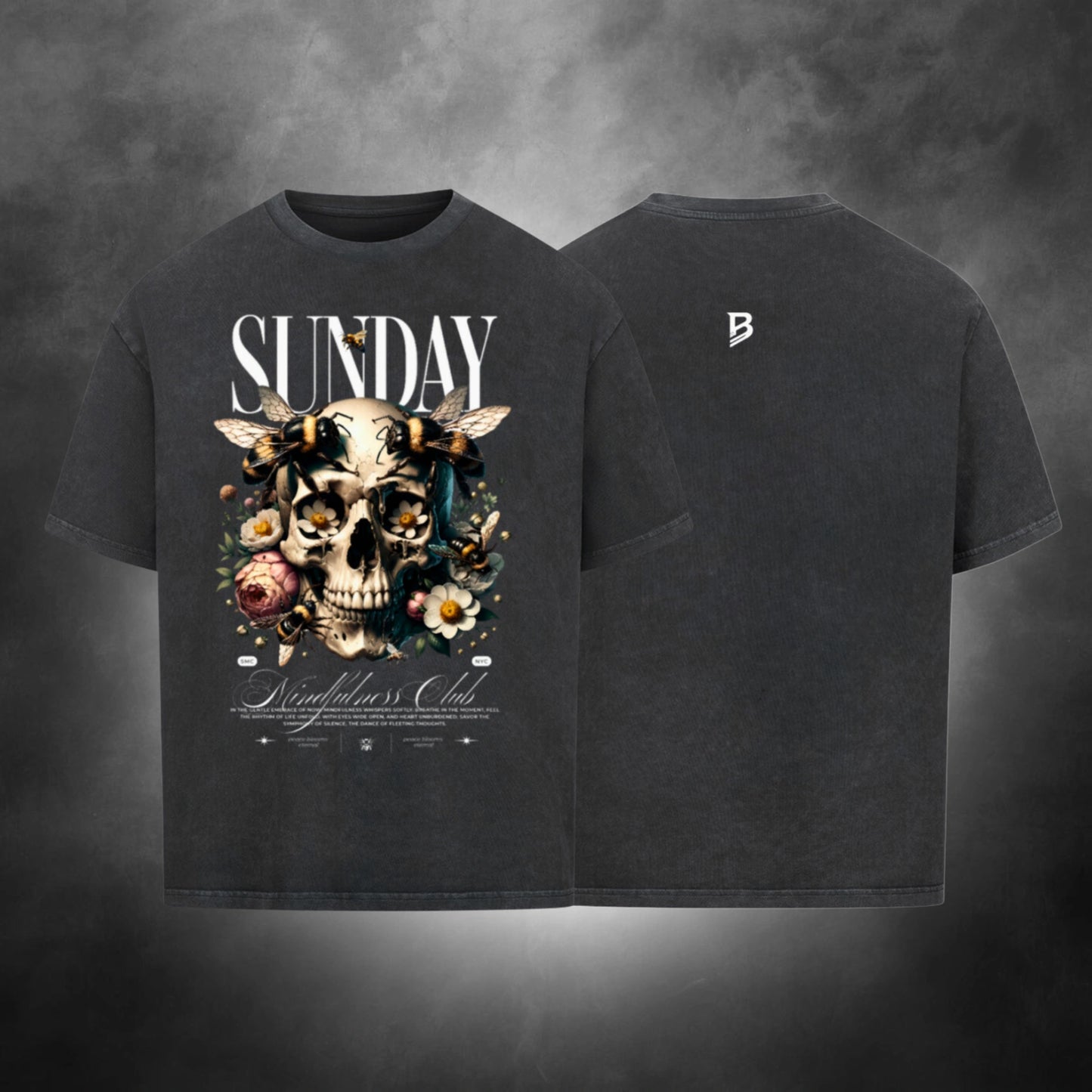 TheBroShop Hive Skull Oversize T-Shirt Herren – Verwaschenes Schwarz – Front- & Rückansicht