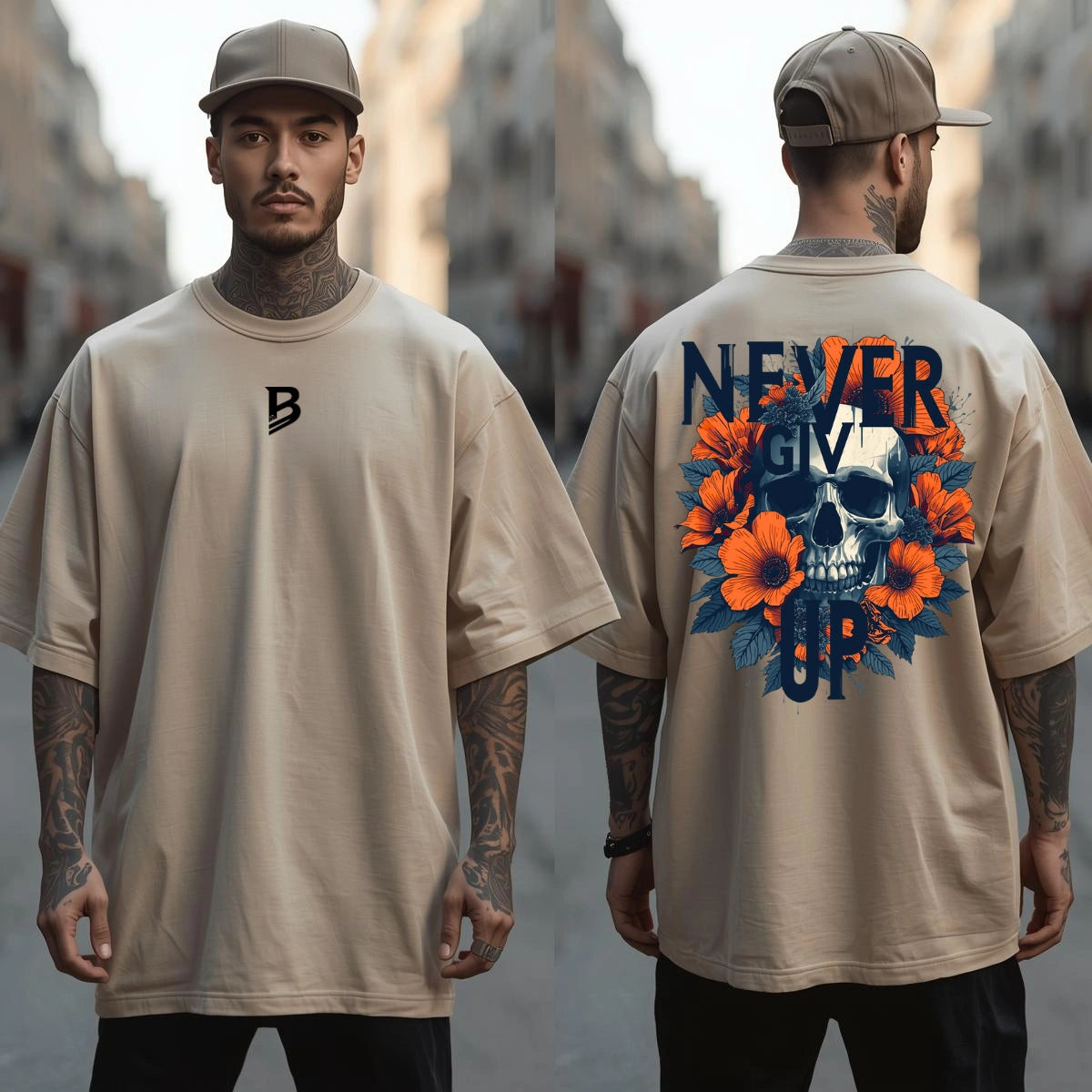 BRS Oversize T-Shirt Herren Beige – Never Give Up Frontansicht