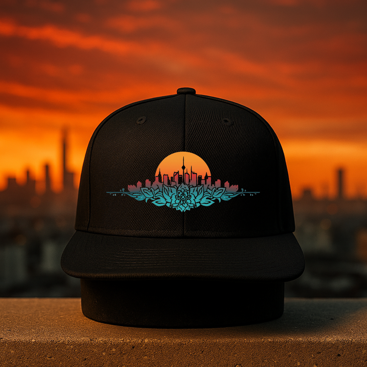 Schwarze Snapback Cap für Herren – Streetwear Black Edition, Rückansicht im Sonnenuntergang