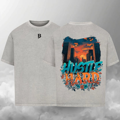 TheBroShop Hustle City Oversize T-Shirt Herren – Verwaschenes Grau – Front- & Rückansicht
