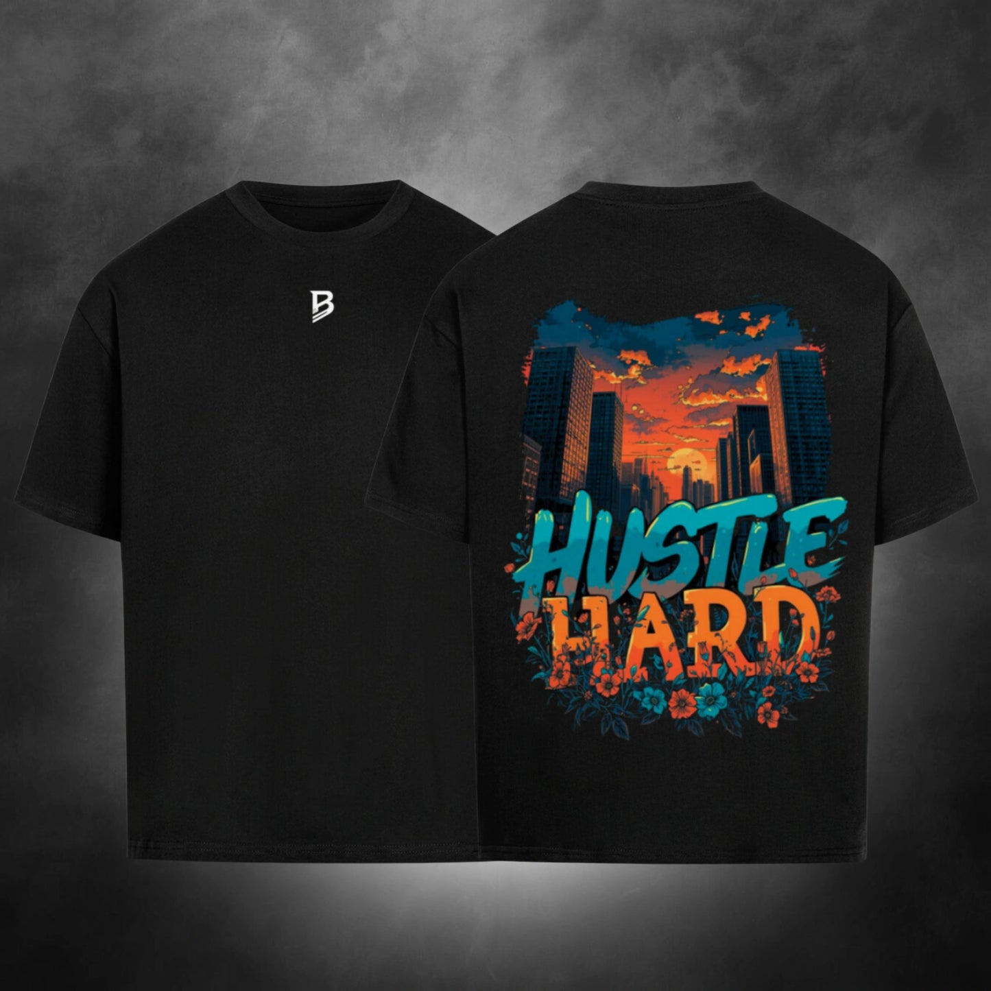 TheBroShop Hustle City Oversize T-Shirt Herren – Schwarz – Front- & Rückansicht